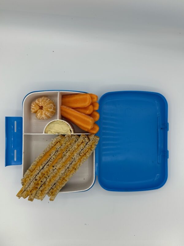 NjaNja gezonde lunchbox op school geleverd: boterham pompoen, mandarijn, wortel, hummus