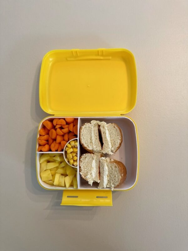 NjaNja gezonde lunchbox op school geleverd: sandwich brie en honing, mango, wortel, maïs