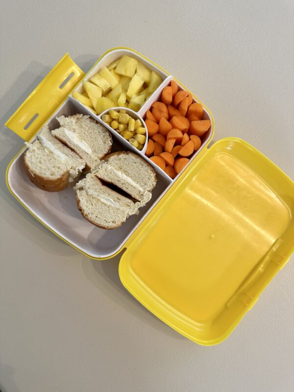 NjaNja gezonde lunchbox op school geleverd: sandwich brie en honing, mango, wortel, maïs