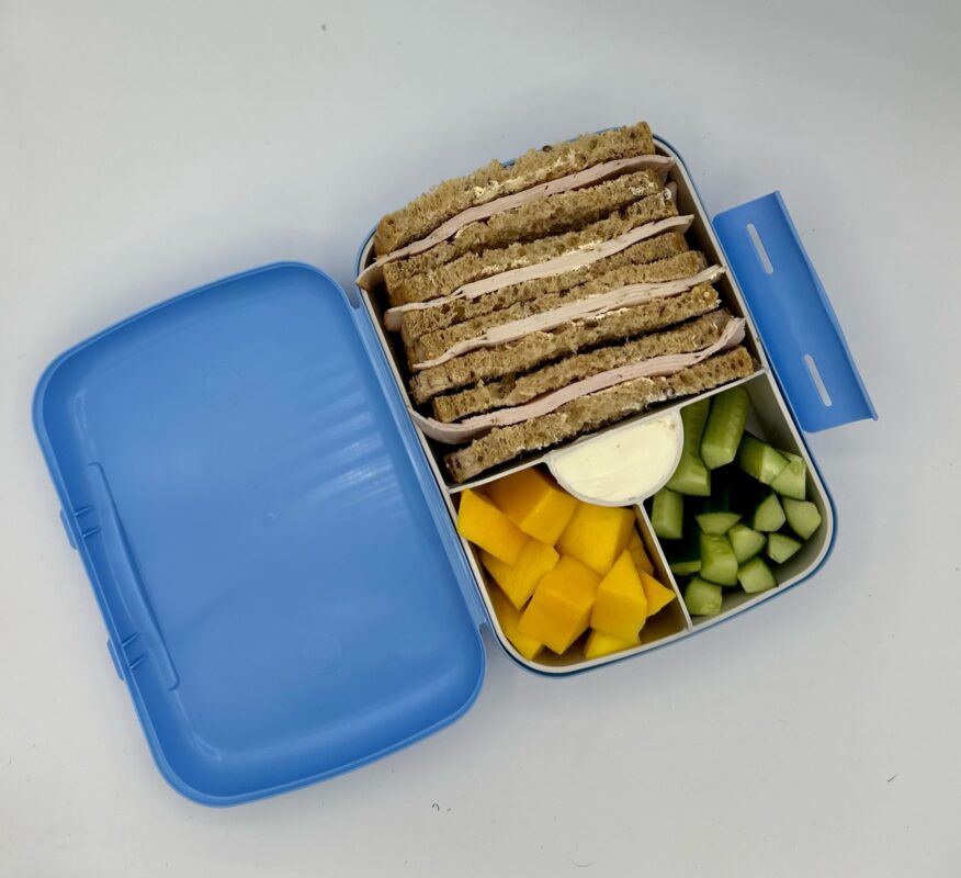 NjaNja gezonde lunchbox op school geleverd: boterham kipfilet, komkommer, mango, verse kaas