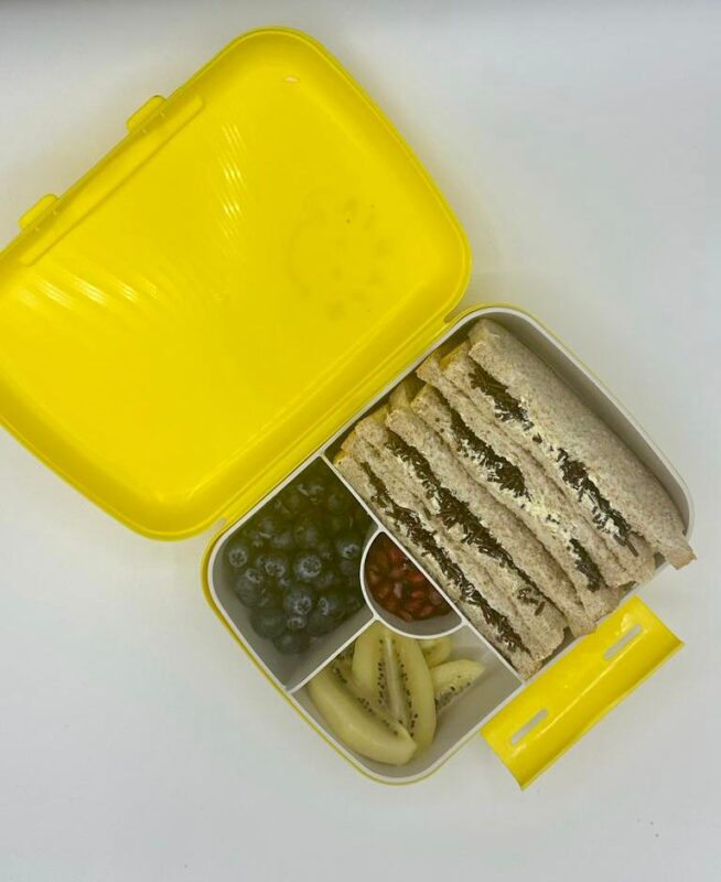 NjaNja gezonde lunchbox op school geleverd: Njanja-brooddoos-boterham hagelslag-blauwe bessen-kiwi-granaatappelpitjes-schuin