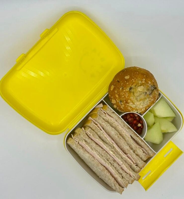 NjaNja gezonde lunchbox op school geleverd: Njanja-brooddoos-boterham kipfilet tuinkruiden-pompoenmuffin-meloen-granaatappelpitjes-schuin