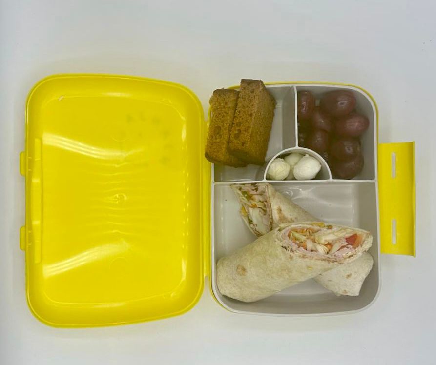 NjaNja gezonde lunchbox op school geleverd: Njanja-brooddoos-volkoren wrap met kipfilet en groenten- druiven-peperkoek-mozarellabolletje-recht