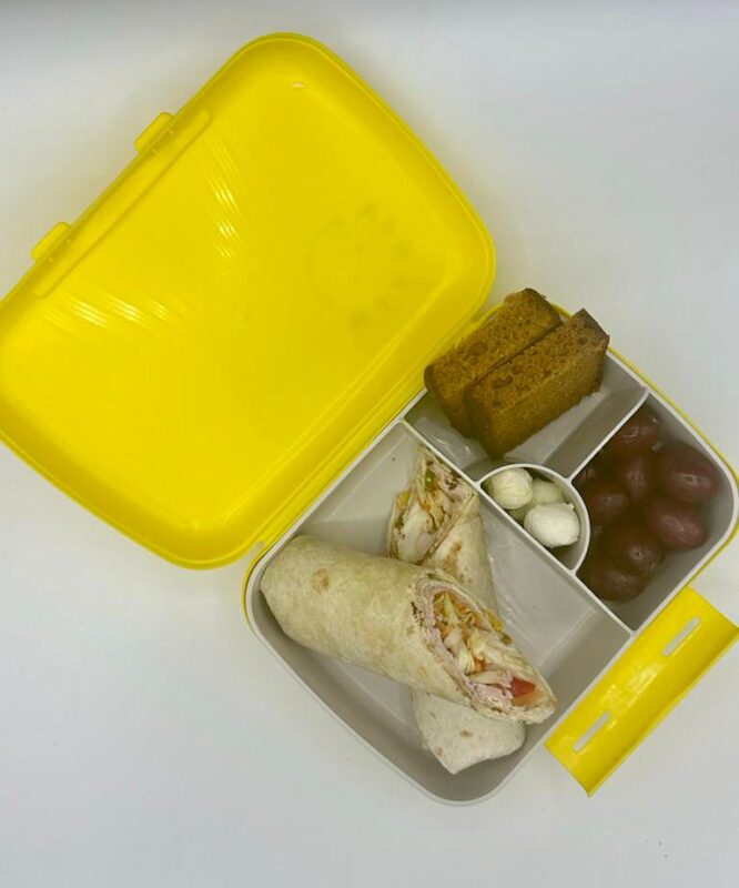 NjaNja gezonde lunchbox op school geleverd: Njanja-brooddoos-volkoren wrap met kipfilet en groenten-druiven-peperkoek-mozarellabolletje-schuin