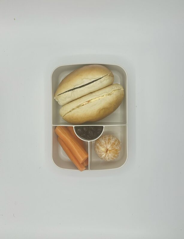 njanja brooddoos-sandwich eiersalade- sandwich hagelslag- mandarijn-wortelsticks-rozijnen-recht