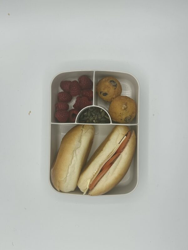 njanja brooddoos-sandwich kaas en tomaat-sandwich abrikozenconfituur-mini muffin-rood fruit-zonnebloempitten-recht